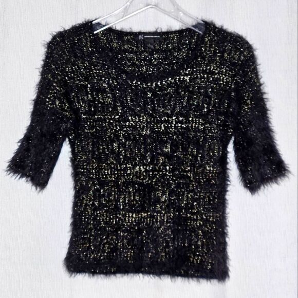 INC International Concepts Black & Gold Eyelash Knit Short Sleeve Knit Sweater - Picture 1 of 7